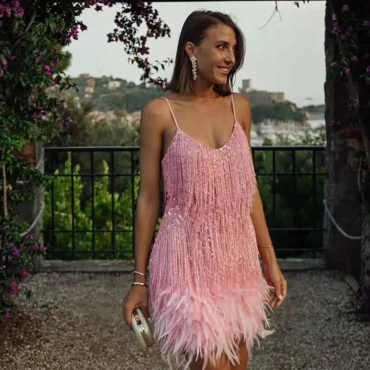 Eula | Women's Stunning Feather Mini Dress-The Yellow Prime