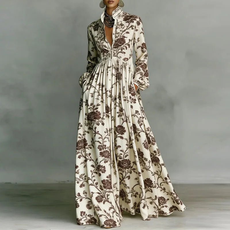 Freya | Women's Geometric Print High-Waist Maxi Dress Brown