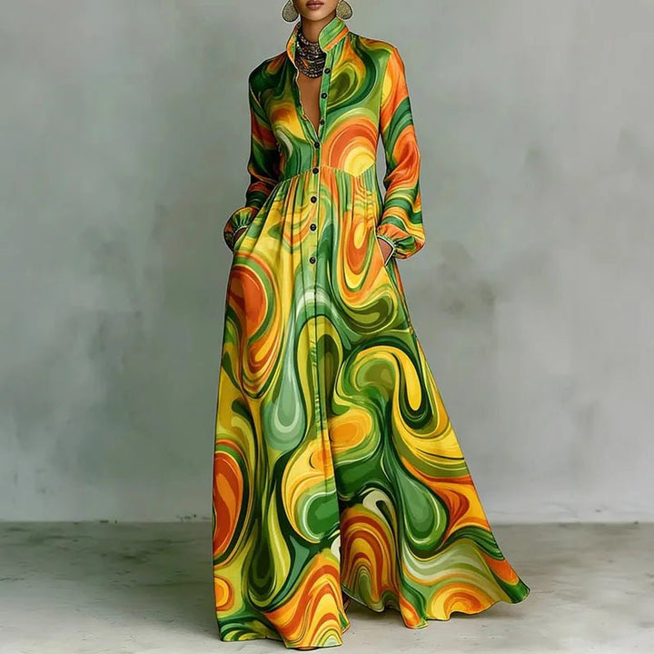 Freya | Women's Geometric Print High-Waist Maxi Dress Green