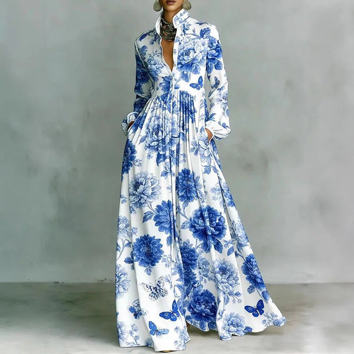 Freya | Women's Geometric Print High-Waist Maxi Dress Blue