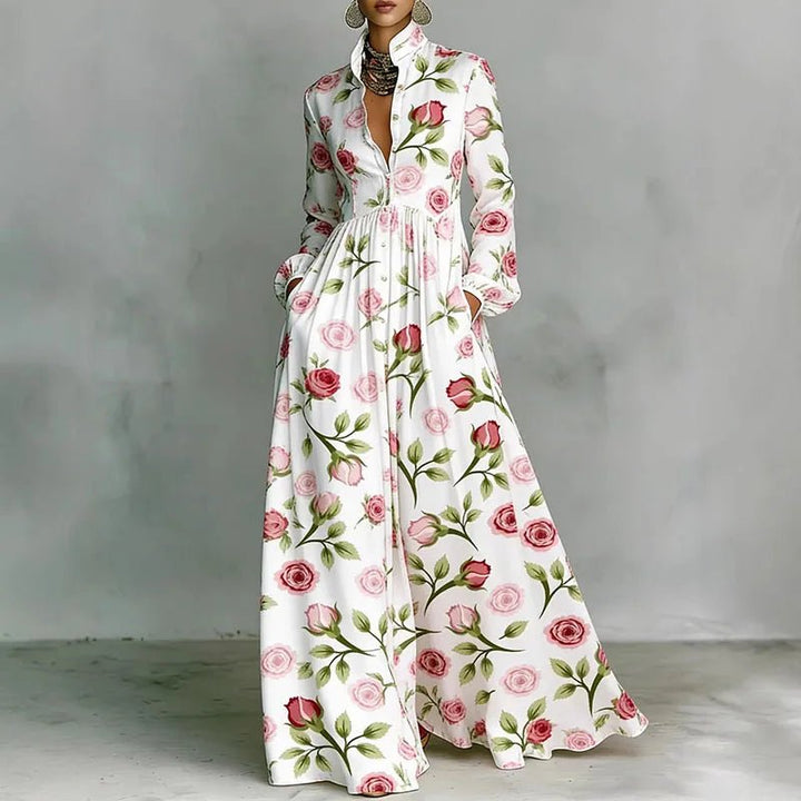 Freya | Women's Geometric Print High-Waist Maxi Dress Rose Print