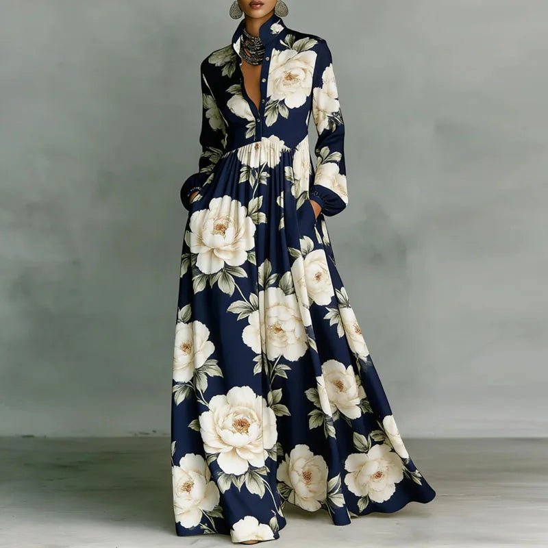 Freya | Women's Geometric Print High-Waist Maxi Dress Navy Blue