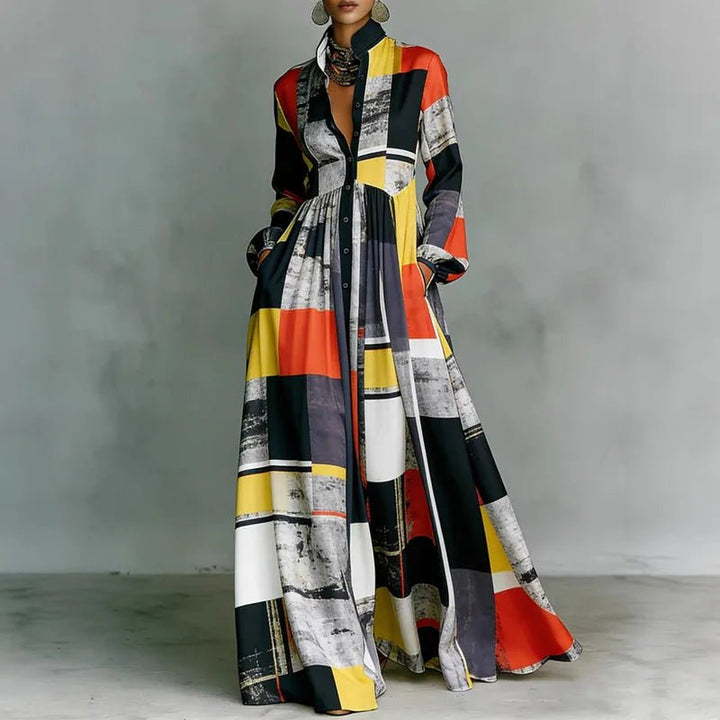 Freya | Women's Geometric Print High-Waist Maxi Dress Red