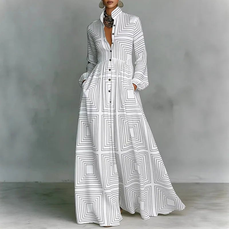 Freya | Women's Geometric Print High-Waist Maxi Dress White