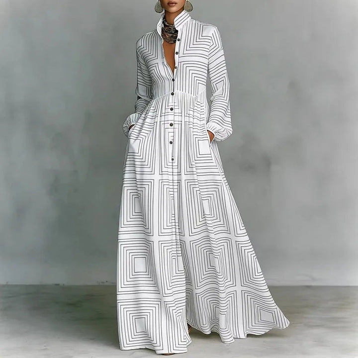 Freya | Women's Geometric Print High-Waist Maxi Dress White
