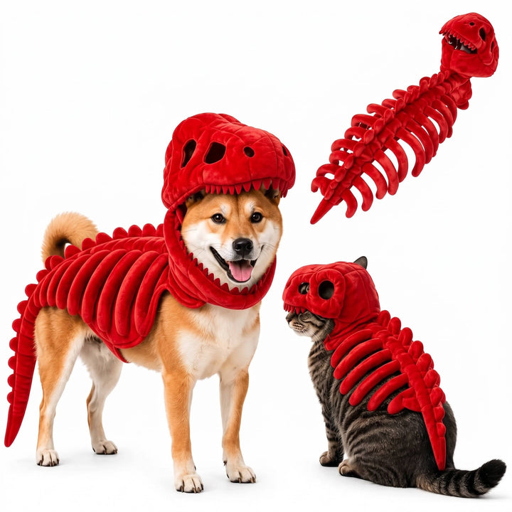 Halloweens skelettdräkt för hundar och katter med dinosaurietema