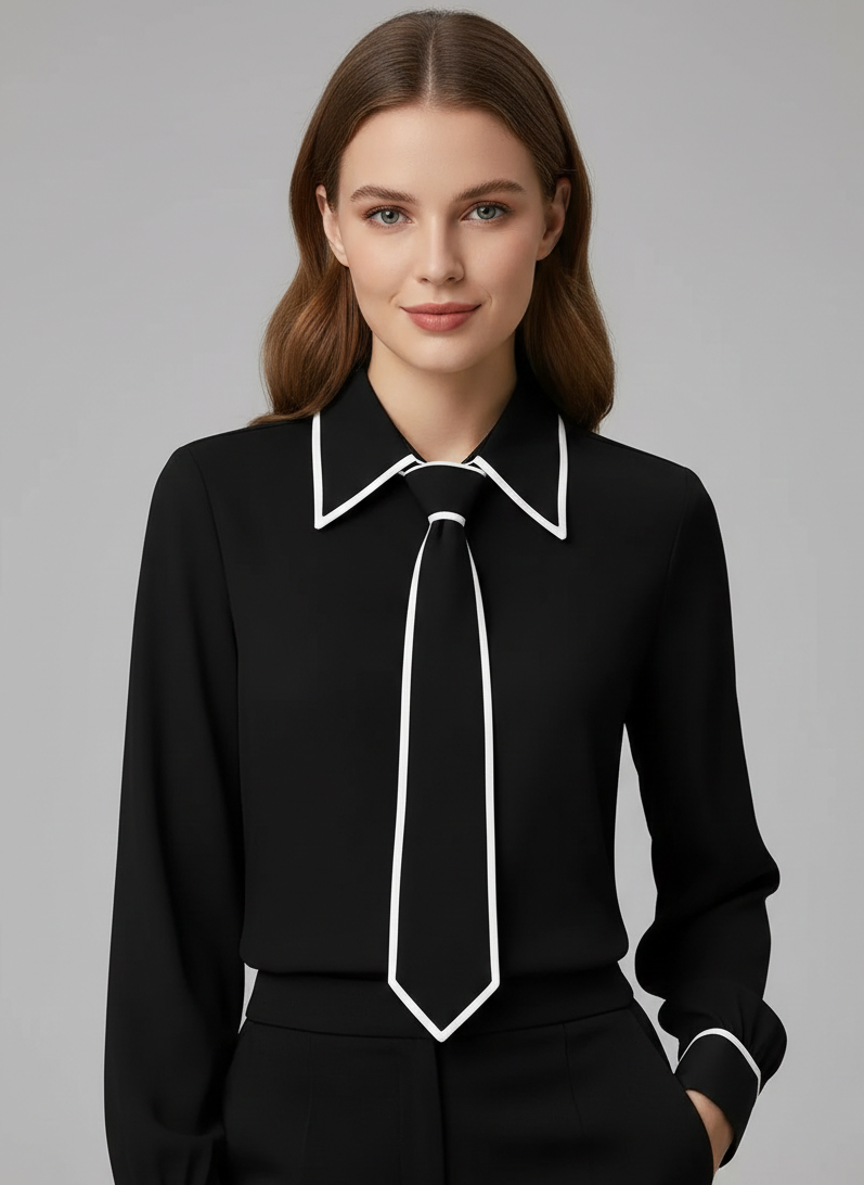 Blythe | Women's Oversized Collar Contrast Tie Blouse-The Yellow Prime