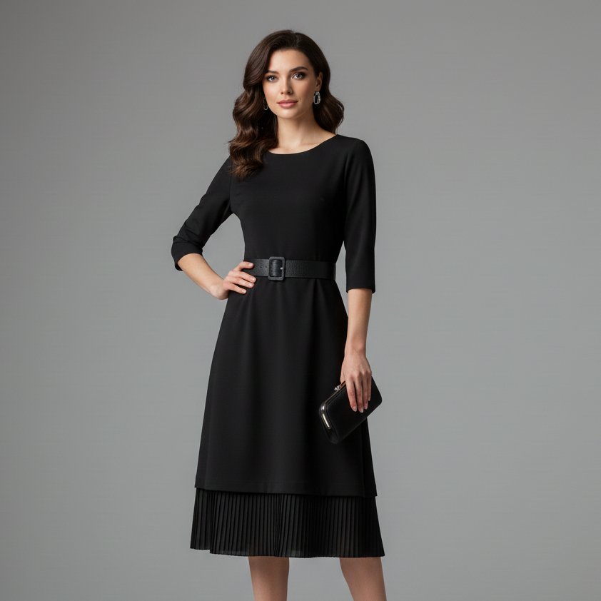 Bella | Women's Belted Long Sleeve Midi Dress - Elegant Style-The Yellow Prime