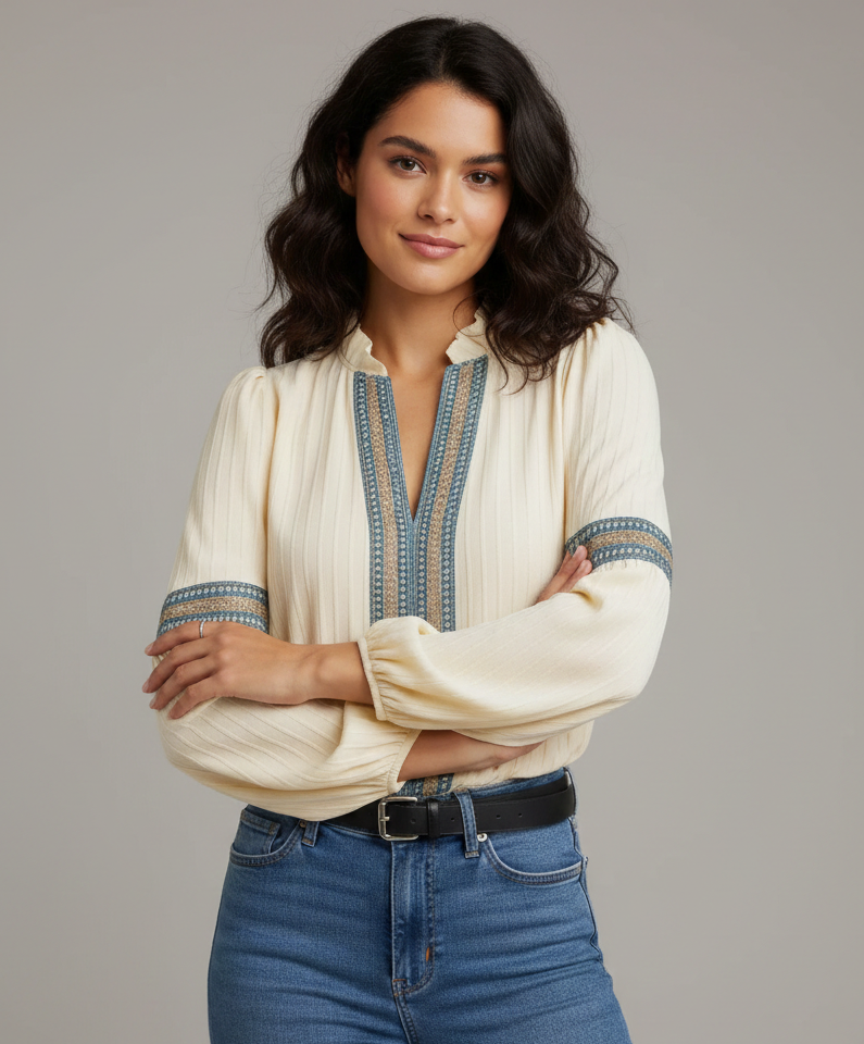 Daniela | Women's Vintage V-Neck Blouse-The Yellow Prime