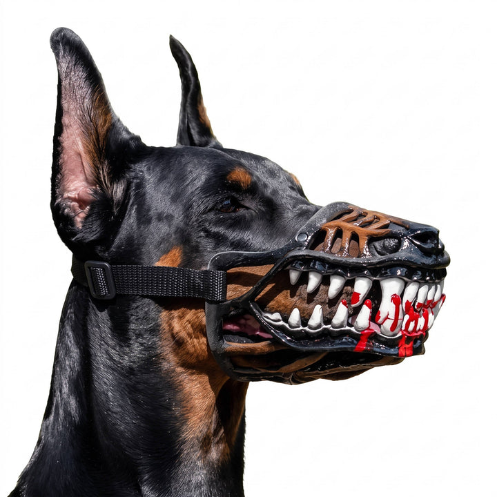Halloweens hundmunkorg med röda tänder - realistisk skräckmask för cosplay