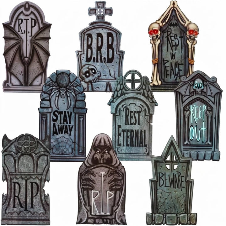 Halloweens 9 stk. 16 tommer plastikgravsten med metalspyd til dekoration