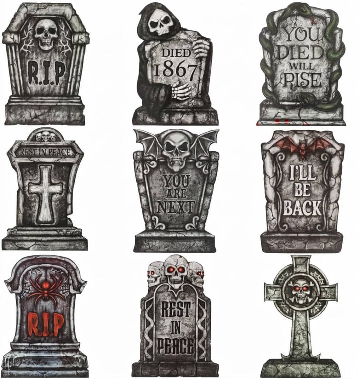 Halloweens 9 stk. 16 tommer plastikgravsten med metalspyd til dekoration