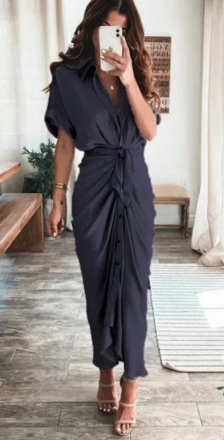 Women's Stylish Maxi Dress - Button-Front, Waist Tie, Draped Design-The Yellow Prime