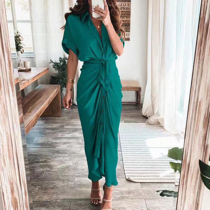 Women's Stylish Maxi Dress - Button-Front, Waist Tie, Draped Design-The Yellow Prime