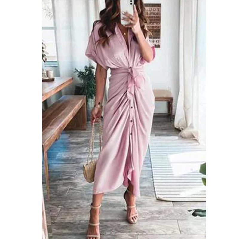 Women's Stylish Maxi Dress - Button-Front, Waist Tie, Draped Design-The Yellow Prime
