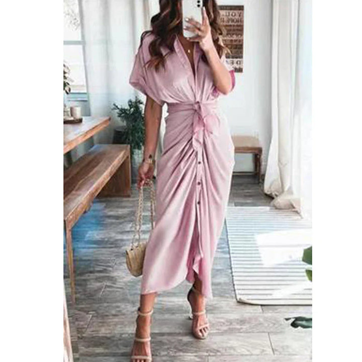 Women's Stylish Maxi Dress - Button-Front, Waist Tie, Draped Design-The Yellow Prime