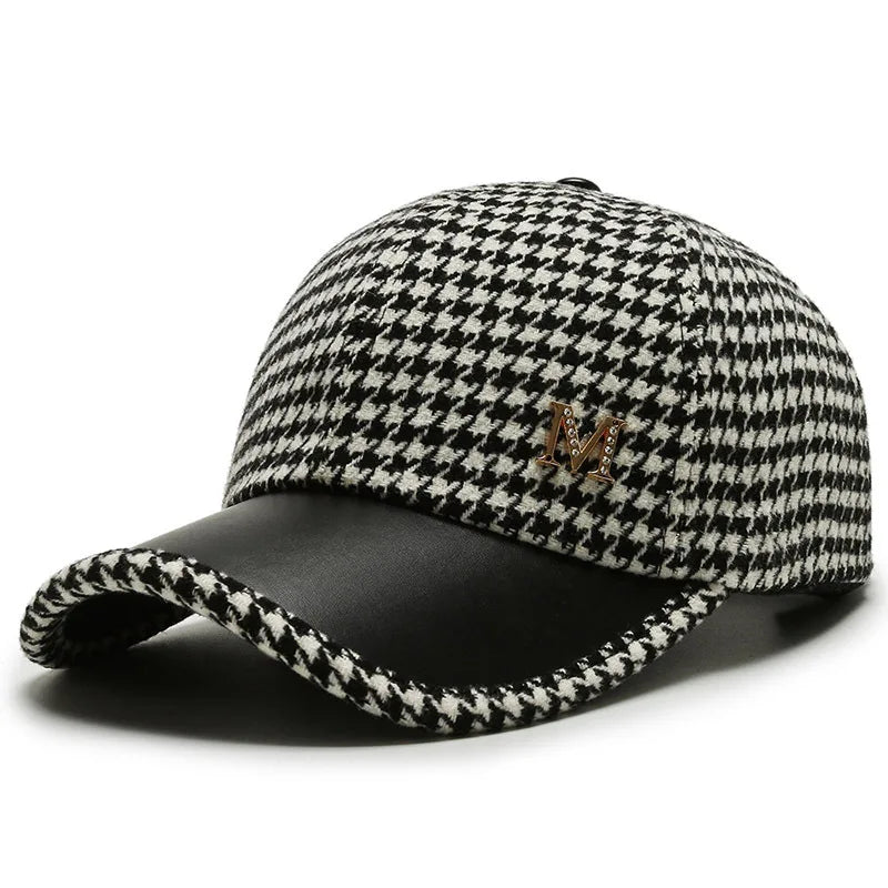 Men's Houndstooth Cap with Leather Brim | Adjustable Hat