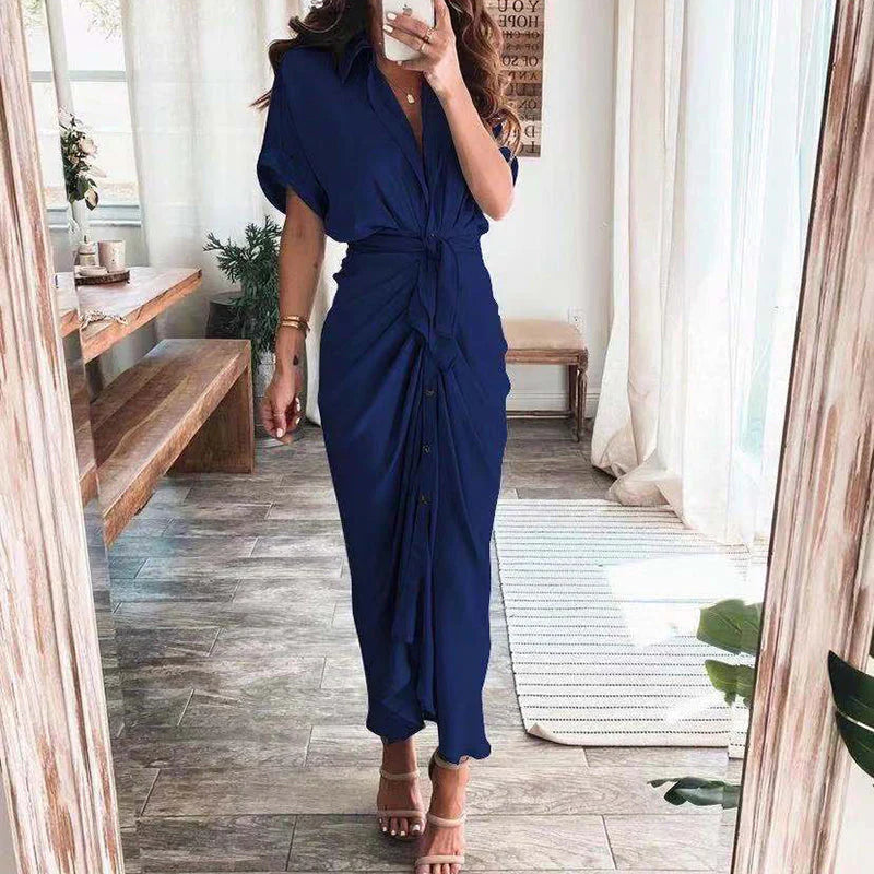 Women's Stylish Maxi Dress - Button-Front, Waist Tie, Draped Design-The Yellow Prime