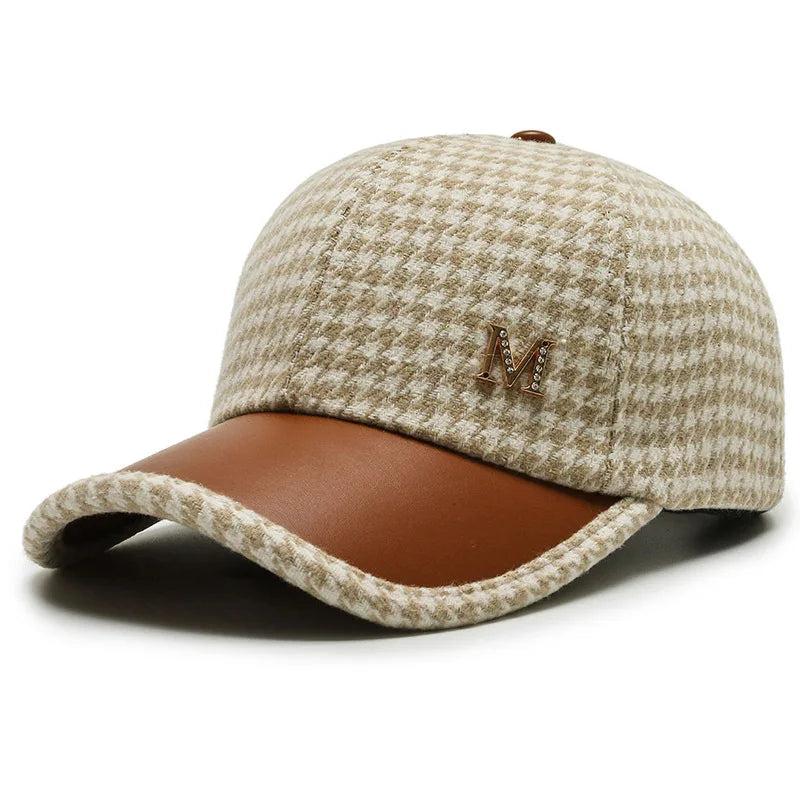 Men's Houndstooth Cap with Leather Brim | Adjustable Hat