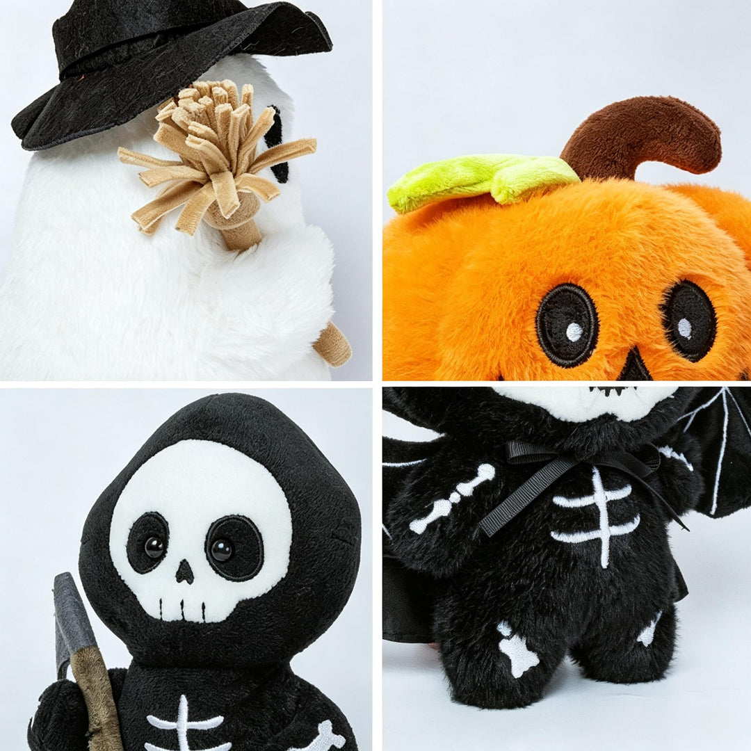 Miękkie pluszowe postacie na Halloween z haftowanymi twarzami i wzorami