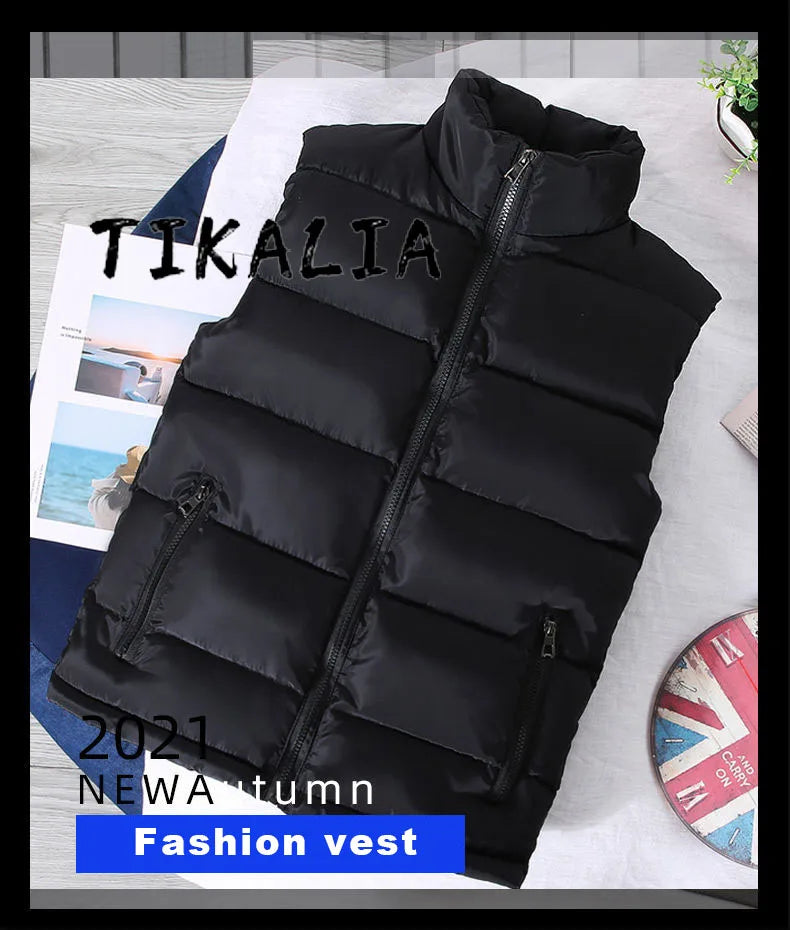 Men's Casual Warm Slim Puffer Vest - Stand Collar, Polyester