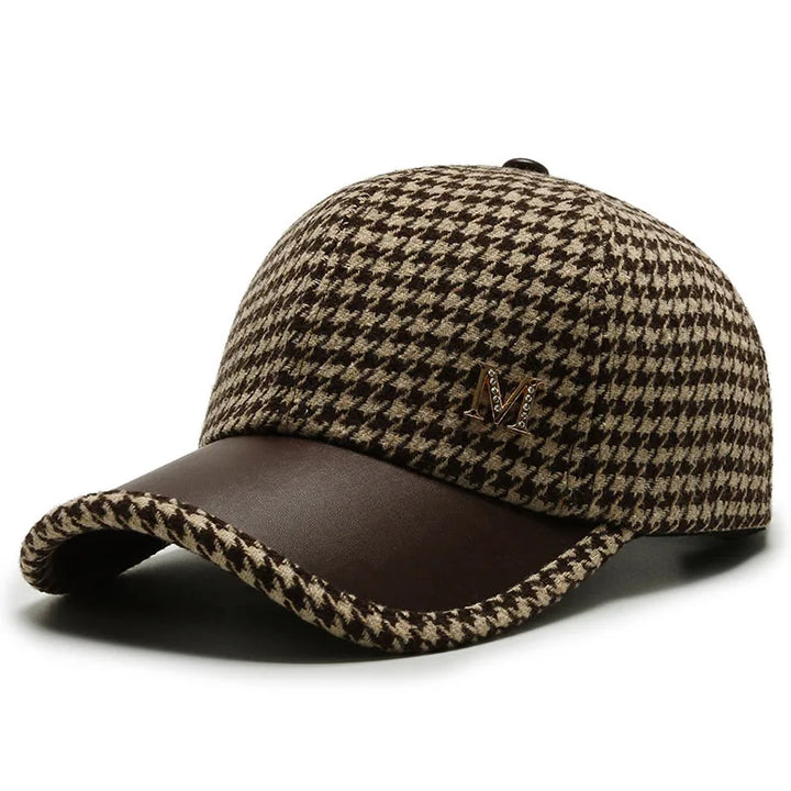 Men's Houndstooth Cap with Leather Brim | Adjustable Hat