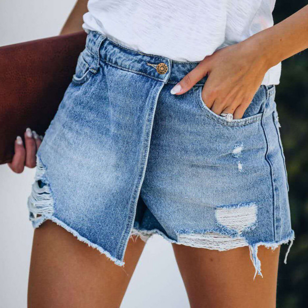 Hildegard | Women's Trendy Asymmetrical Denim Shorts-The Yellow Prime