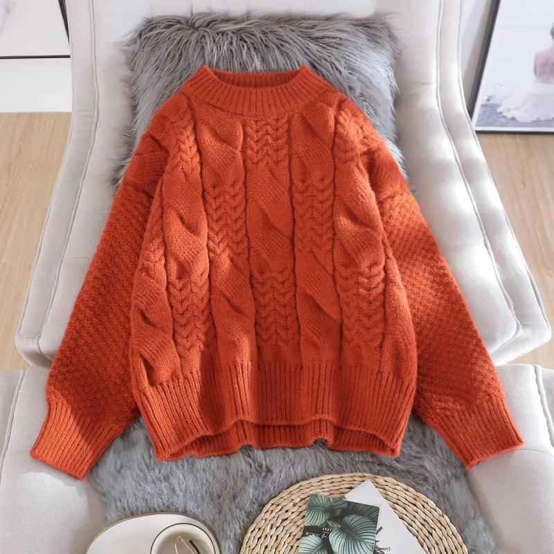 Women's Chunky Knit Sweater with Cable Pattern and Ribbed Cuffs