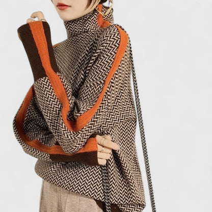 Elegancki damski sweter w paski z wysokim kołnierzem – przytulny na jesień i zimę
