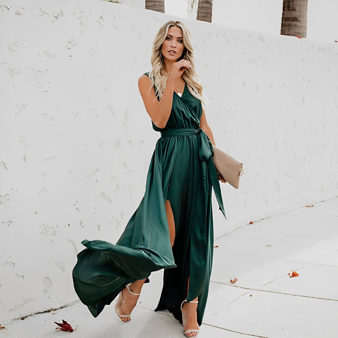 Jasy | Women's Sleeveless Maxi Dress with Waist Belt-The Yellow Prime