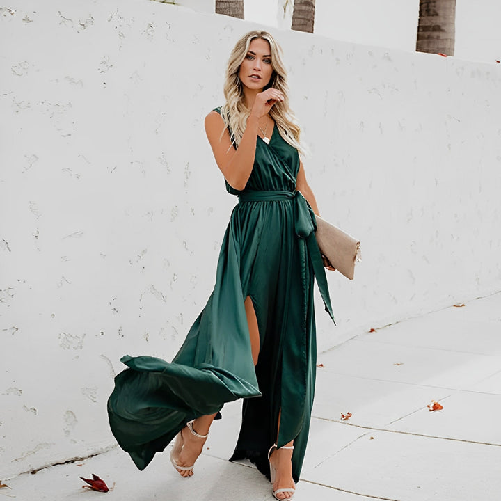 Jasy | Women's Sleeveless Maxi Dress with Waist Belt-The Yellow Prime