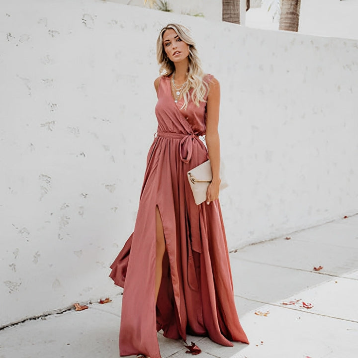 Jasy | Women's Sleeveless Maxi Dress with Waist Belt-The Yellow Prime