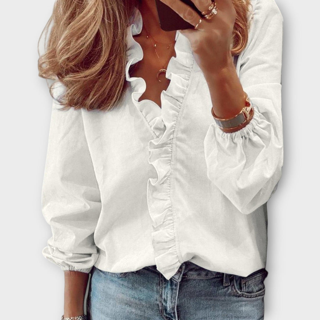 Caroline | Women's Long Sleeve Ruffle V-Neck Blouse-The Yellow Prime