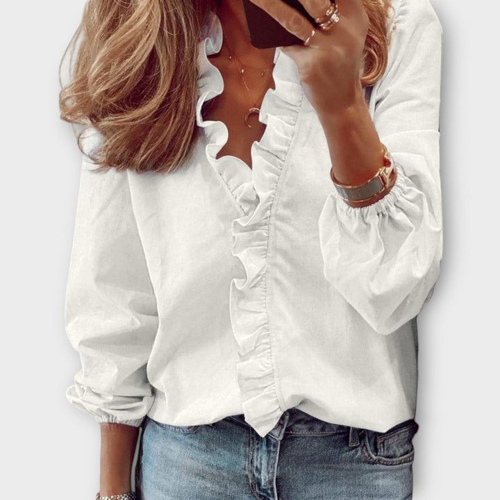 Caroline | Women's Long Sleeve Ruffle V-Neck Blouse-The Yellow Prime