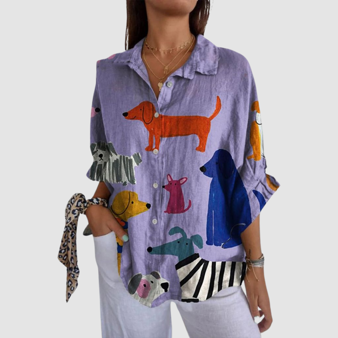 Kathleen | Women's Dog Print Loose-Fit Shirt-The Yellow Prime