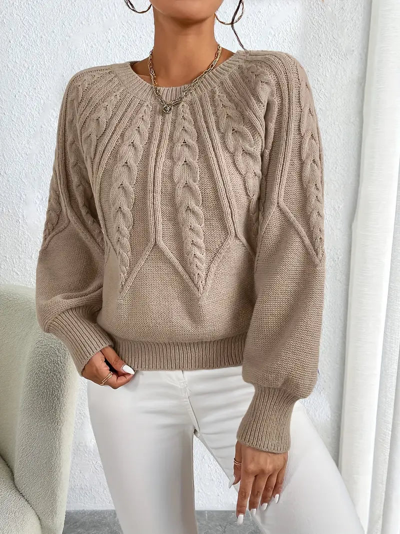 Women's Knitted Sweater with Cable Pattern and Balloon Sleeves