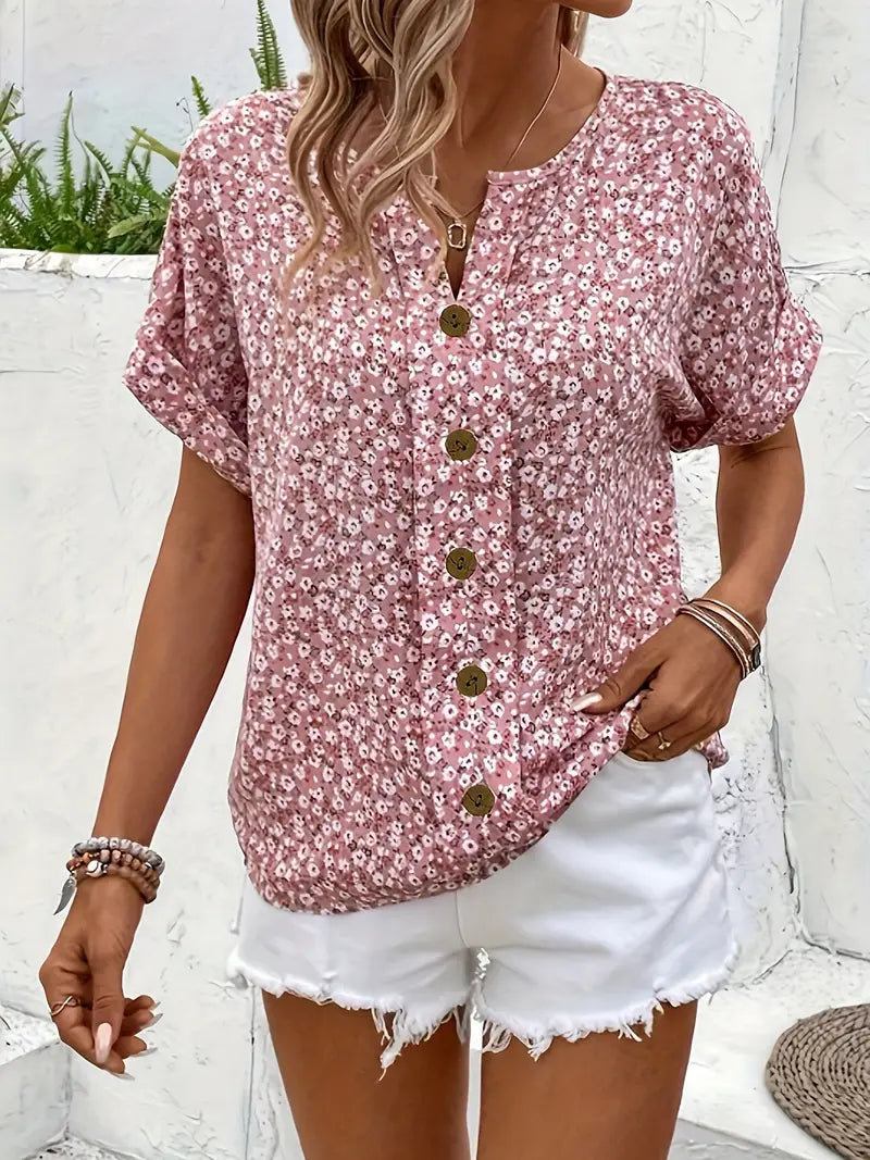 Kristen | Women's Floral Summer Blouse with Button Front-The Yellow Prime