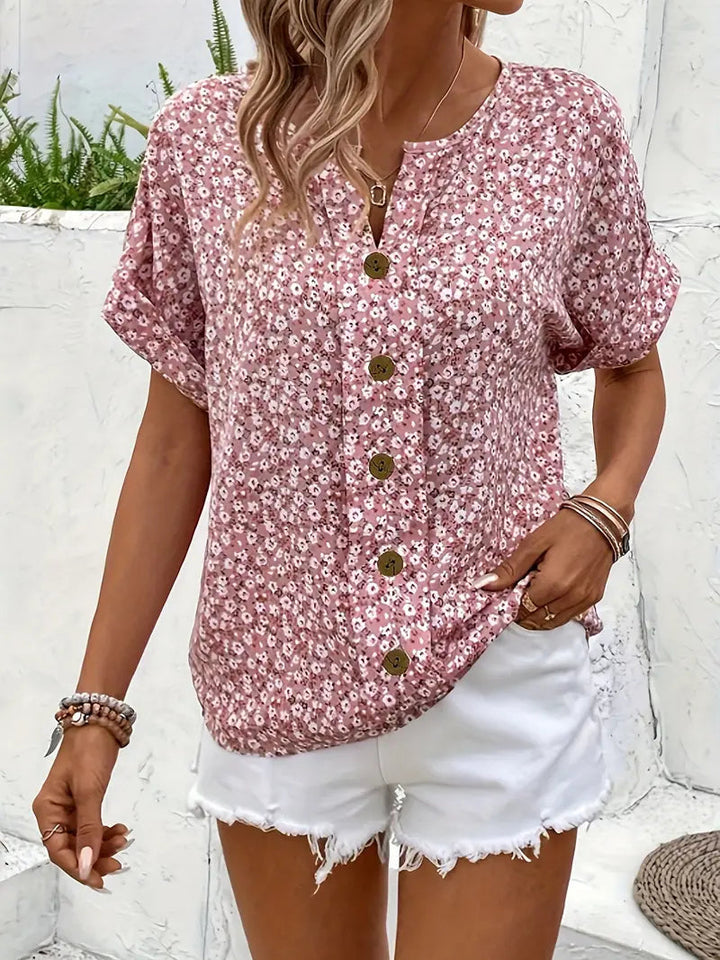 Kristen | Women's Floral Summer Blouse with Button Front-The Yellow Prime
