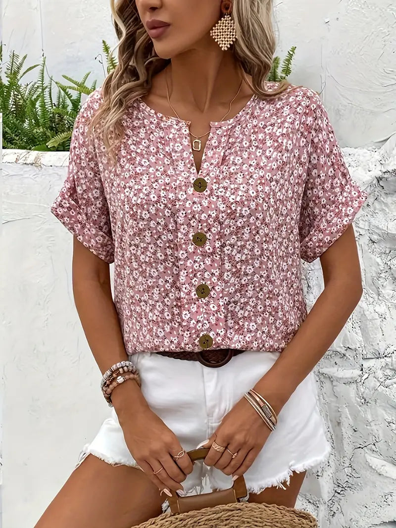 Kristen | Women's Floral Summer Blouse with Button Front-The Yellow Prime