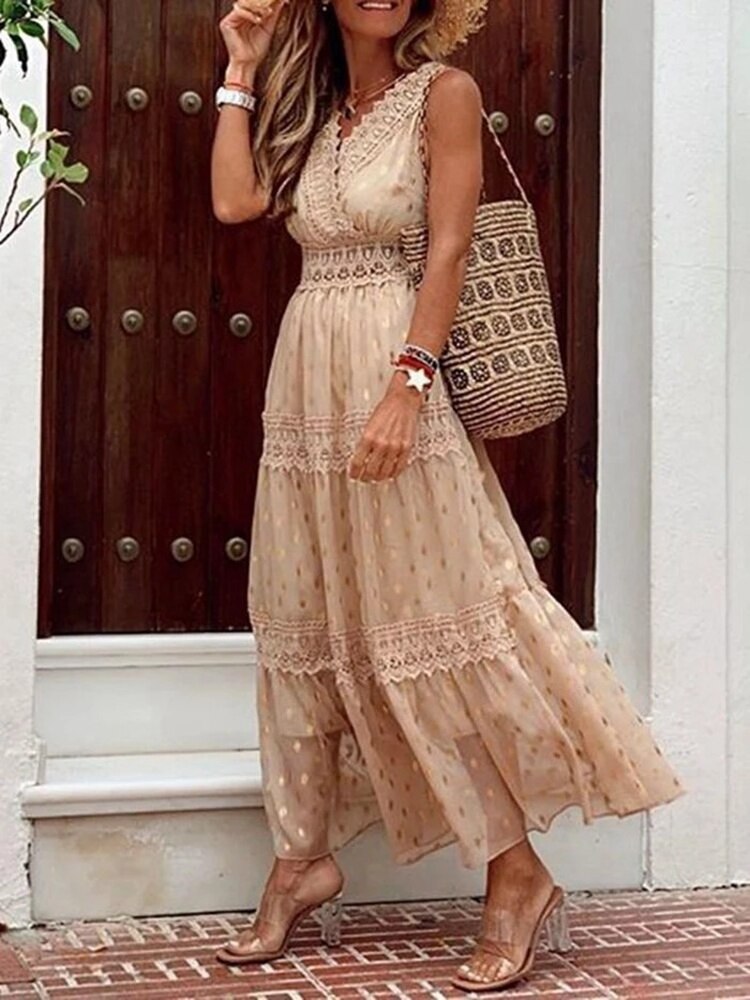 Women's Lace Tiered Maxi Dress-The Yellow Prime