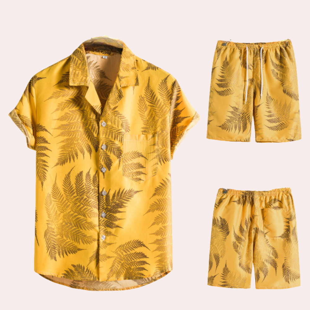 Men's breathable Hawaiian shirt and shorts set for summer fun-The Yellow Prime