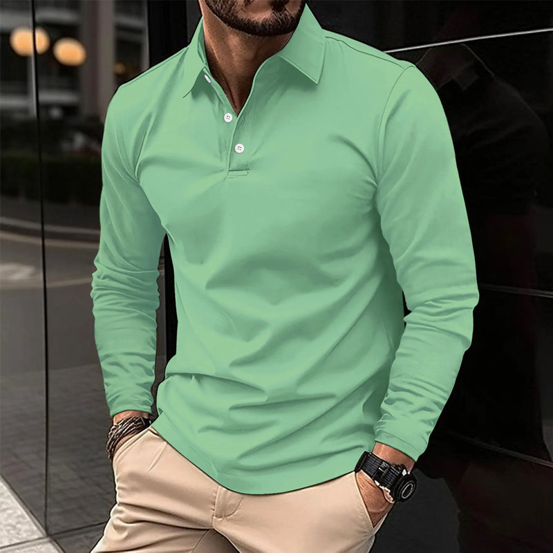 Men's Long-sleeved Polo Shirt with Button Placket-The Yellow Prime