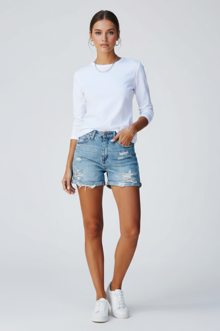 Lucy | Women's Denim Shorts with Distressed Finish and High Waist-The Yellow Prime