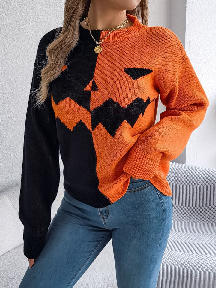 Halloweens striktrøje med græskarlygtedesign og ribkanter