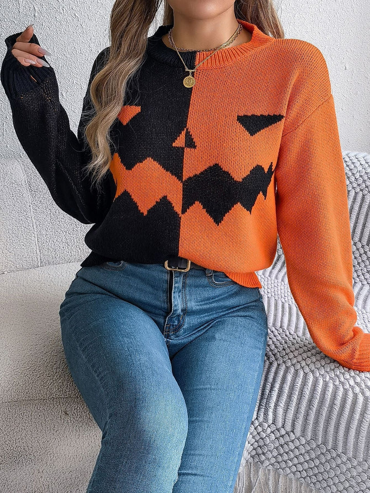Halloweens striktrøje med græskarlygtedesign og ribkanter