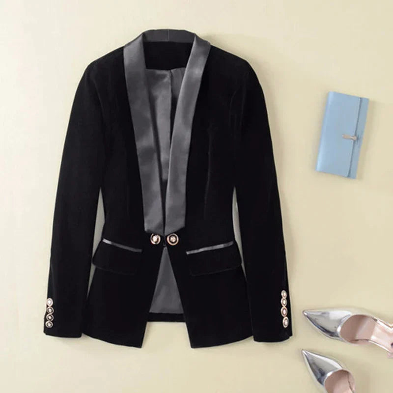 Women's Velvet Blazer – Satin Lapel, Tailored Fit for Any Occasion-The Yellow Prime