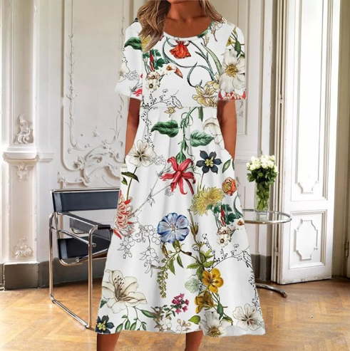 Margaret | Women's Floral Midi Dress with Short Sleeves-The Yellow Prime