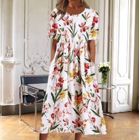Margaret | Women's Floral Midi Dress with Short Sleeves-The Yellow Prime