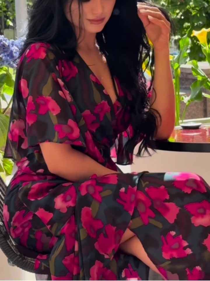 Mariah | Women's Floral Wrap Maxi Dress in Retro Style-The Yellow Prime