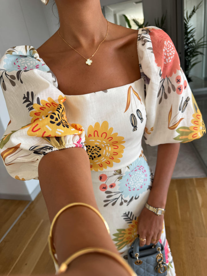 Mariam | Women's Floral Midi Dress with Square Neck-The Yellow Prime
